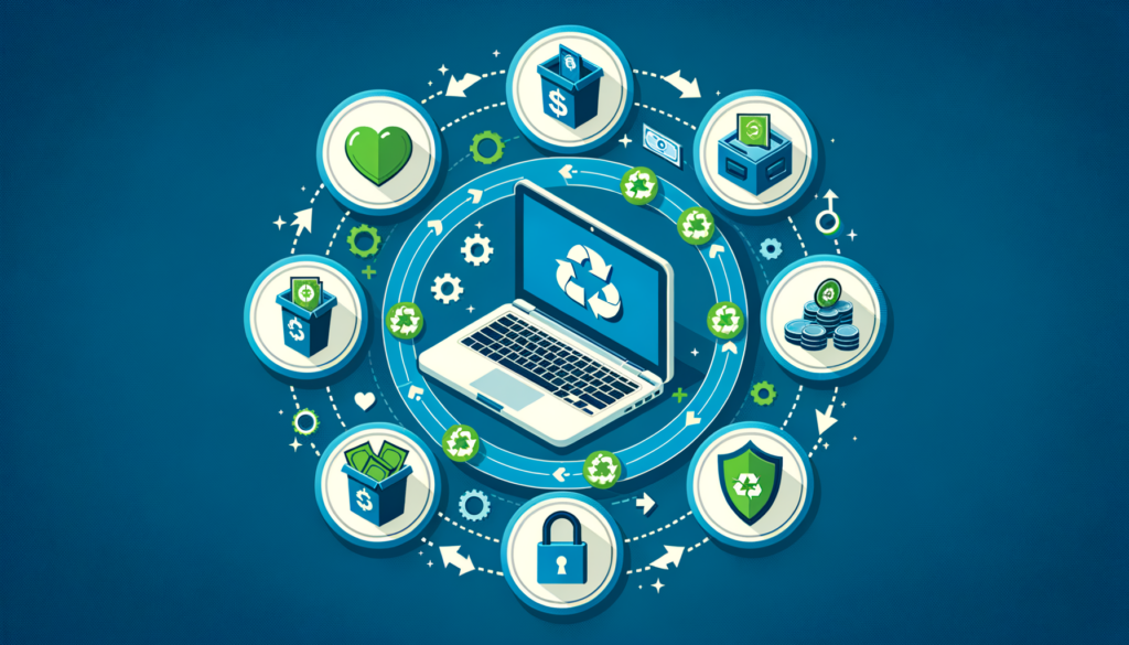 Professional infographic showing laptop disposal options including sell, recycle, donate, trade-in, and repurpose with data security elements