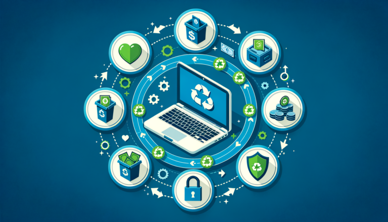 What to Do With an Old Laptop: Complete UK Guide 2026 7 Professional infographic showing laptop disposal options including sell, recycle, donate, trade-in, and repurpose with data security elements