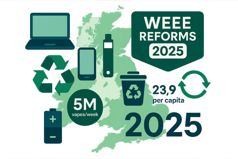 UK WEEE Regulation Changes 2025: What Every Business Needs to Know 6 UK WEEE Regulation Changes 2025 - Infographic showing 5 million vapes discarded weekly and 23.9kg e-waste per capita with UK map and recycling symbols