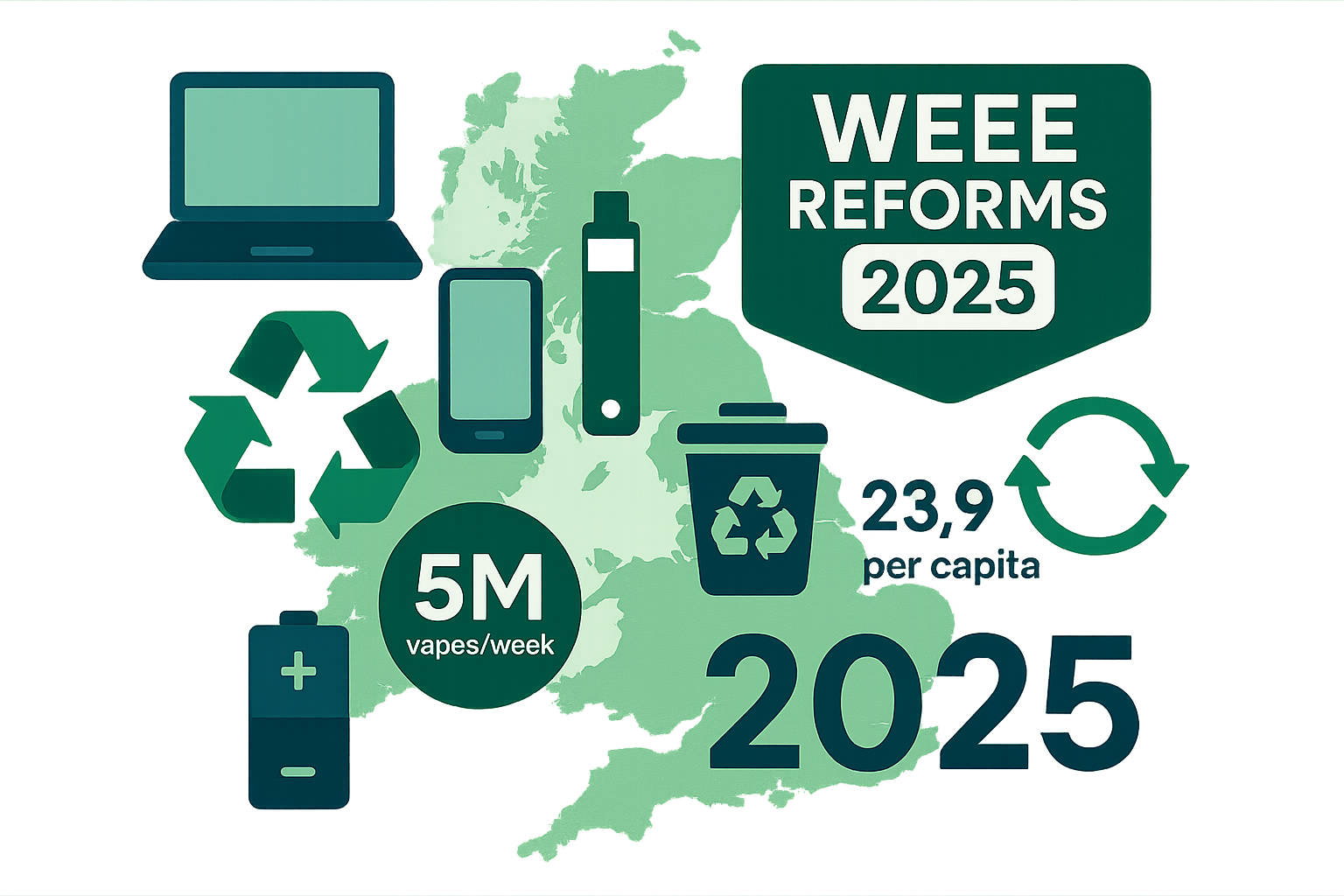 UK WEEE Regulation Changes 2025 - Infographic showing 5 million vapes discarded weekly and 23.9kg e-waste per capita with UK map and recycling symbols