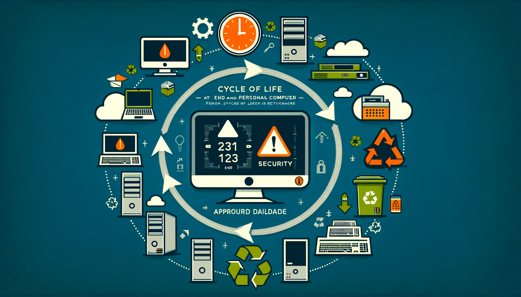 Professional infographic showing Windows 10 end of life with security risks, upgrade options, and recycling concepts