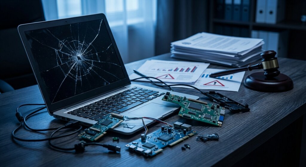 The True Cost of Poor IT Asset Disposal: Financial & Reputational Risks 1 Broken laptop with circuit boards and legal documents showing financial risks of poor IT asset disposal UK