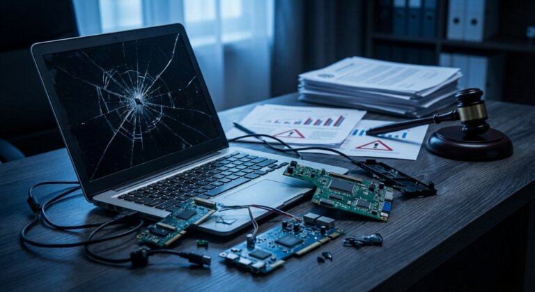 The True Cost of Poor IT Asset Disposal: Financial & Reputational Risks 4 Broken laptop with circuit boards and legal documents showing financial risks of poor IT asset disposal UK