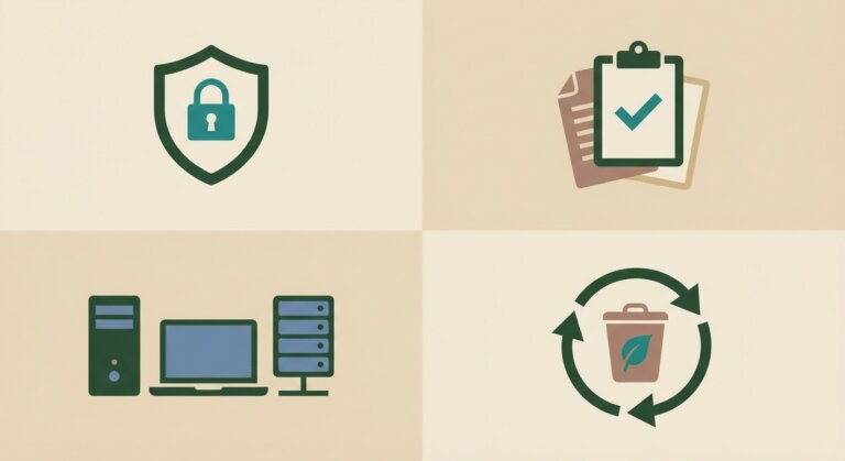 GDPR Compliance for IT Disposal: Complete UK Business Checklist 7 GDPR compliance checklist for IT disposal showing data protection shield, documents and recycling icons