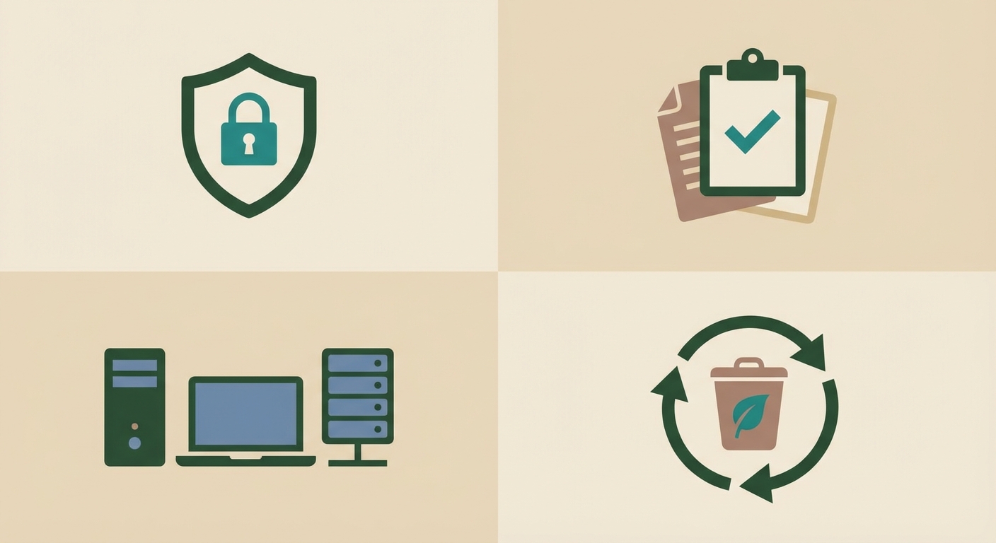 GDPR compliance checklist for IT disposal showing data protection shield, documents and recycling icons