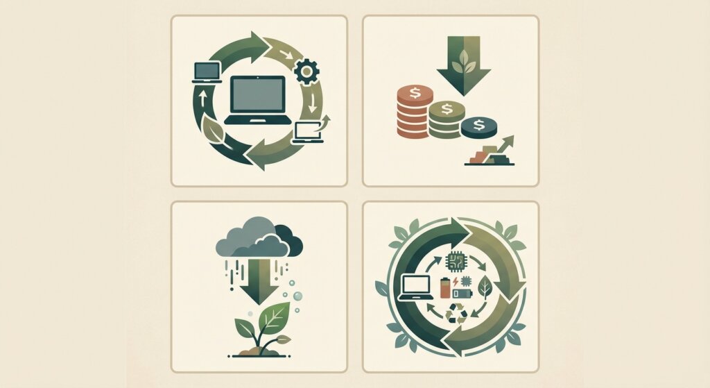 Defra's 90% Refurbished IT Commitment: What It Means for UK Business Procurement 1 Illustration of circular IT economy showing refurbished laptops, carbon reduction, cost savings and sustainability icons