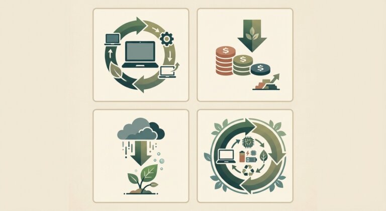 Defra's 90% Refurbished IT Commitment: What It Means for UK Business Procurement 10 Illustration of circular IT economy showing refurbished laptops, carbon reduction, cost savings and sustainability icons