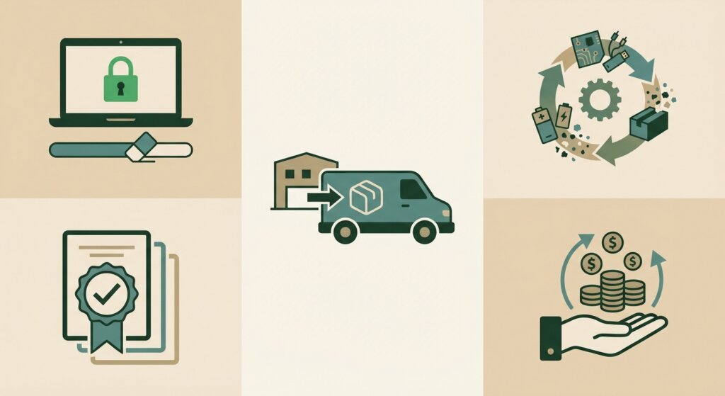 IT Asset Disposal Best Practices: The Complete UK Business Guide for 2026 1 IT asset disposal best practices workflow infographic showing secure data destruction, collection, and recycling process for UK businesses