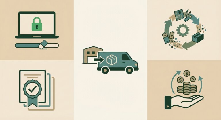 IT Asset Disposal Best Practices: The Complete UK Business Guide for 2026 5 IT asset disposal best practices workflow infographic showing secure data destruction, collection, and recycling process for UK businesses