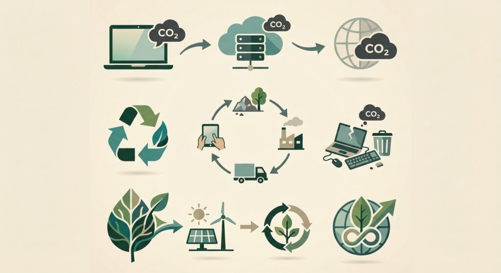 IT Equipment Carbon Footprint: The Scope 3 Guide for UK Businesses 1 IT equipment carbon footprint and Scope 3 emissions lifecycle illustration showing sustainable IT recycling