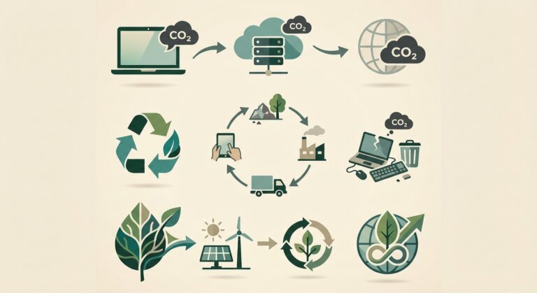 IT Equipment Carbon Footprint: The Scope 3 Guide for UK Businesses 9 IT equipment carbon footprint and Scope 3 emissions lifecycle illustration showing sustainable IT recycling
