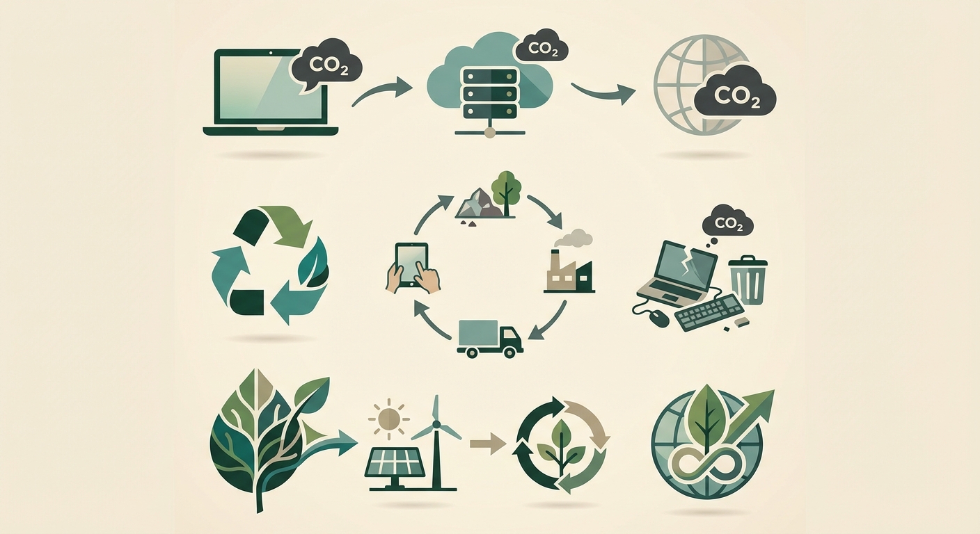 IT equipment carbon footprint and Scope 3 emissions lifecycle illustration showing sustainable IT recycling