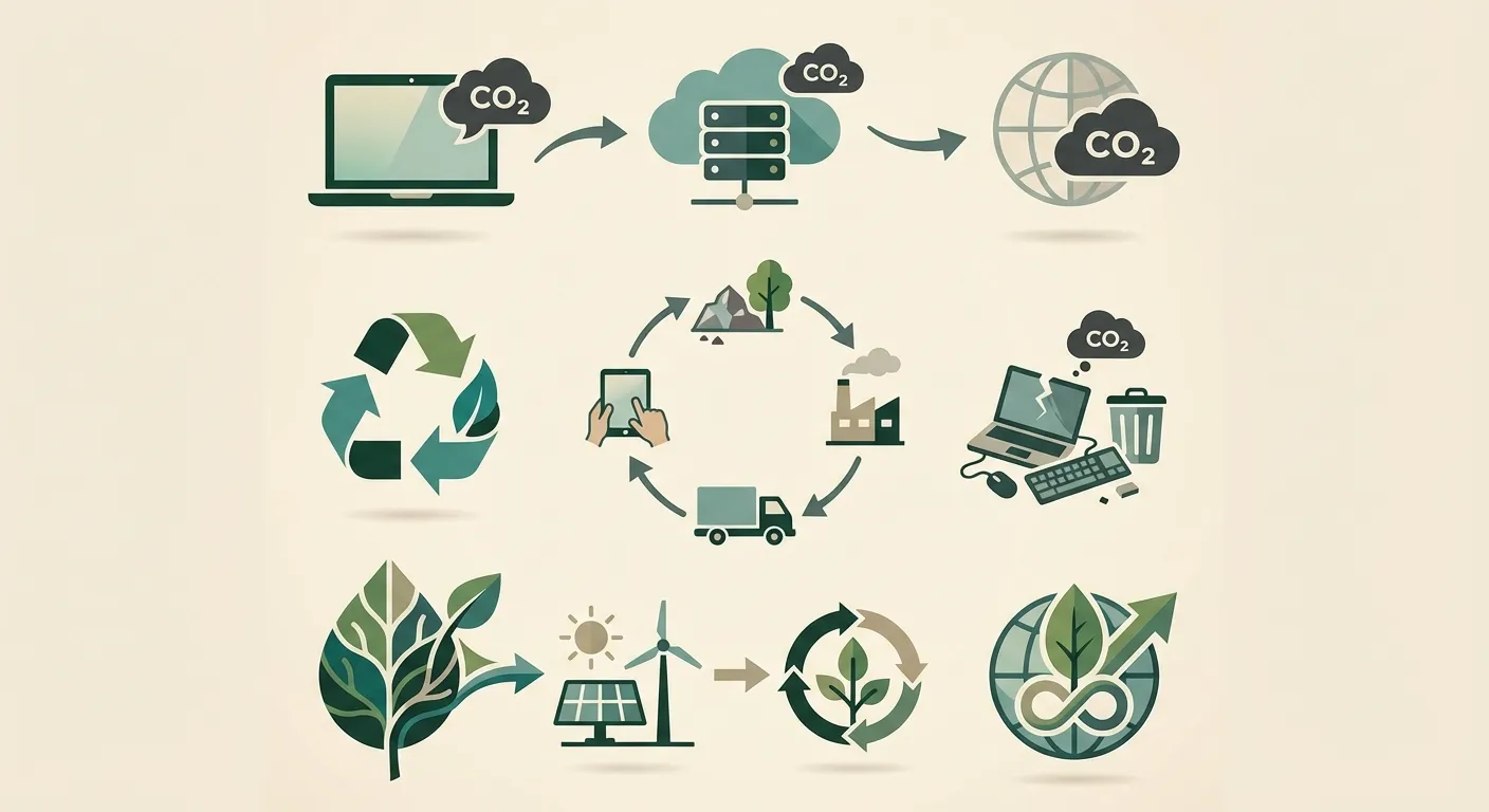 IT equipment carbon footprint and Scope 3 emissions lifecycle illustration showing sustainable IT recycling
