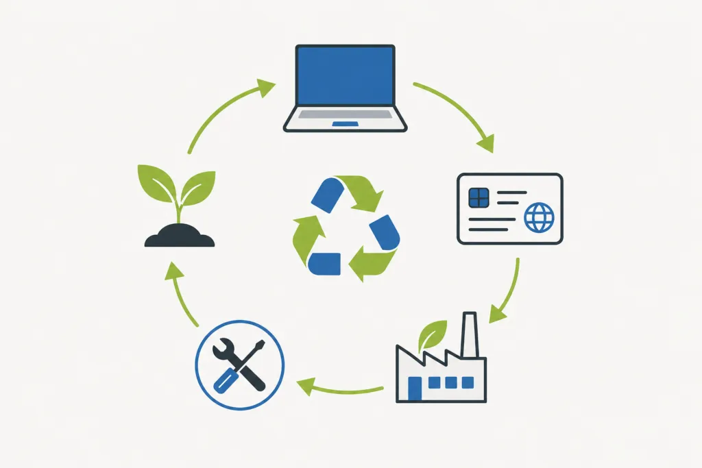 Circular economy lifecycle for IT assets showing reuse, recycling and digital product passports