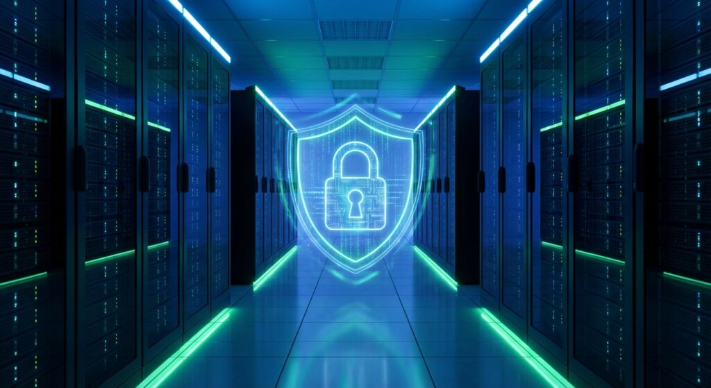 Secure data centre server room representing IT data security and breach protection for UK businesses