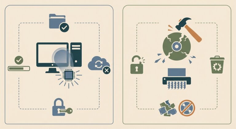 Data Destruction vs Data Erasure: Which Method Is Right for Your Business? 7 Comparison infographic showing data destruction and data erasure methods for UK business IT disposal