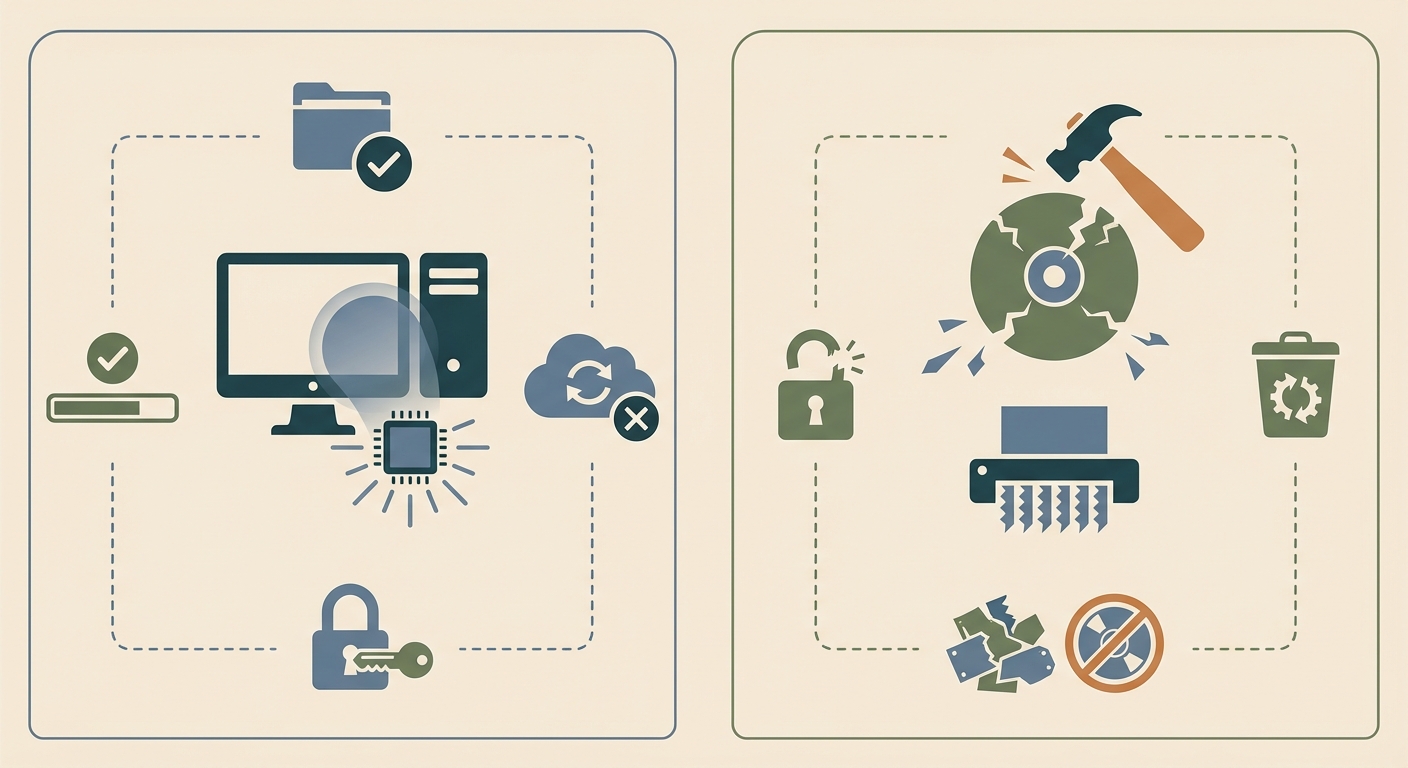 Comparison infographic showing data destruction and data erasure methods for UK business IT disposal