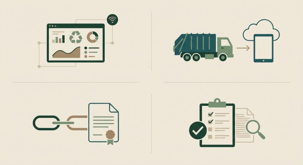 Digital waste tracking compliance illustration showing chain of custody documentation and IT asset disposal tracking