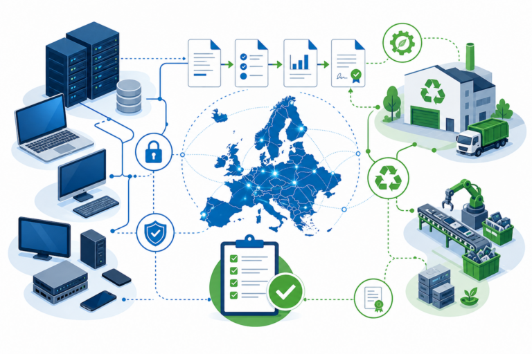 DIWASS Explained: What UK IT Asset Holders Need to Know About the EU's New Digital Waste Shipment System 6 Infographic showing the EU DIWASS digital waste shipment system with interconnected document flows and IT equipment
