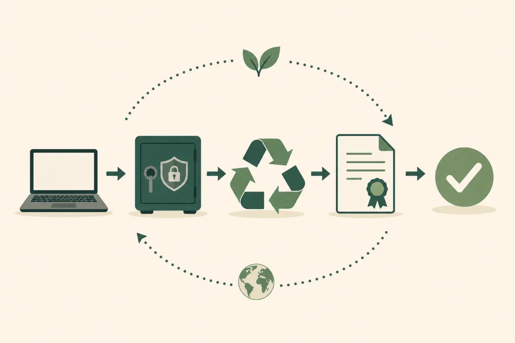 How to Recycle IT Equipment in the UK: 2026 Best Practices Guide 1 Step-by-step IT equipment recycling process infographic showing audit, data destruction, WEEE compliance and certification for UK businesses
