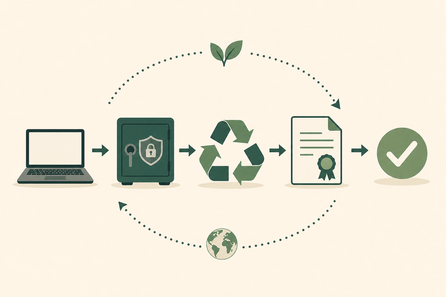 Step-by-step IT equipment recycling process infographic showing audit, data destruction, WEEE compliance and certification for UK businesses