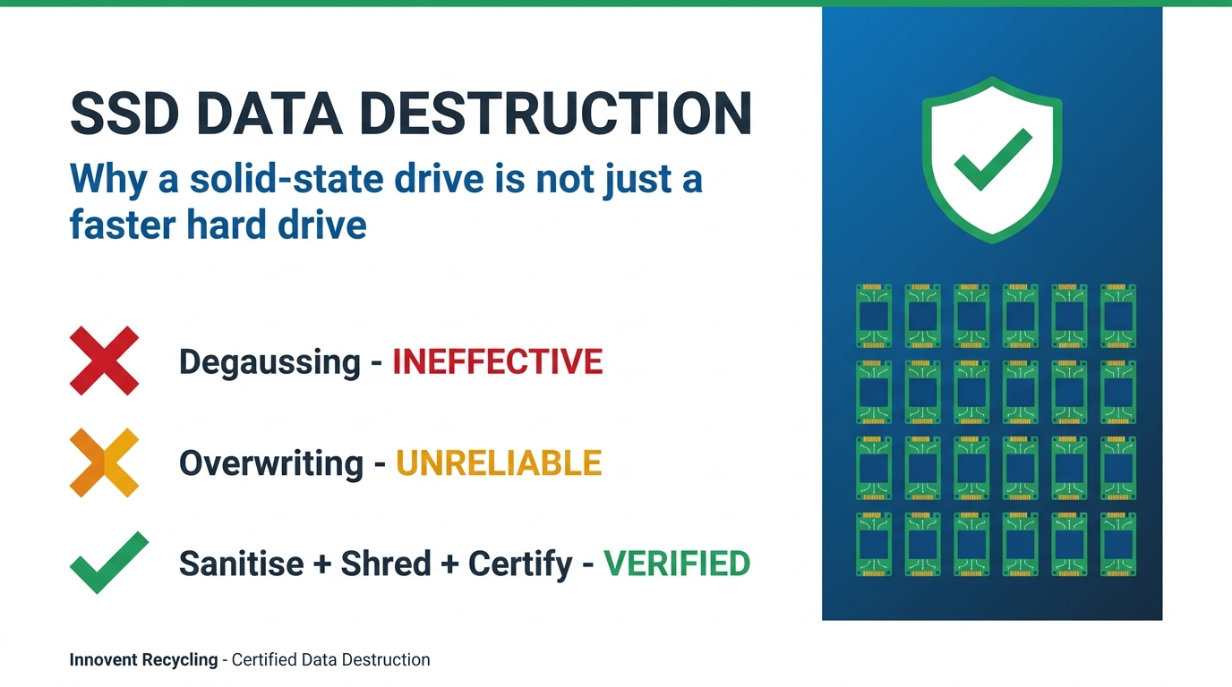 SSD data destruction guide for UK businesses - degauss, overwrite, shred and certify