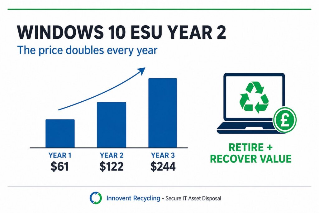 Windows 10 ESU Year 2 cost chart showing the price doubling to $122 per device