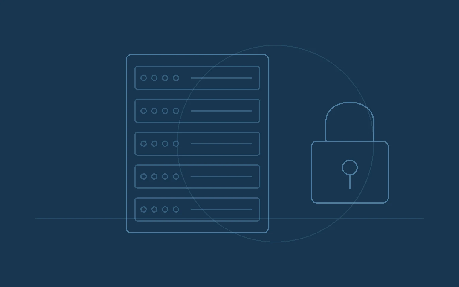 Line-art of a server rack beside a padlock representing server data sanitisation